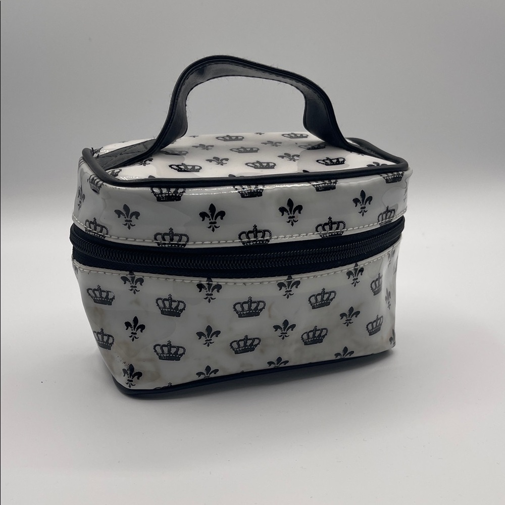 CROWN AND FLEUR-DE-LIS PRINT COSMETIC BAG WITH HANDLE ZIP CASE